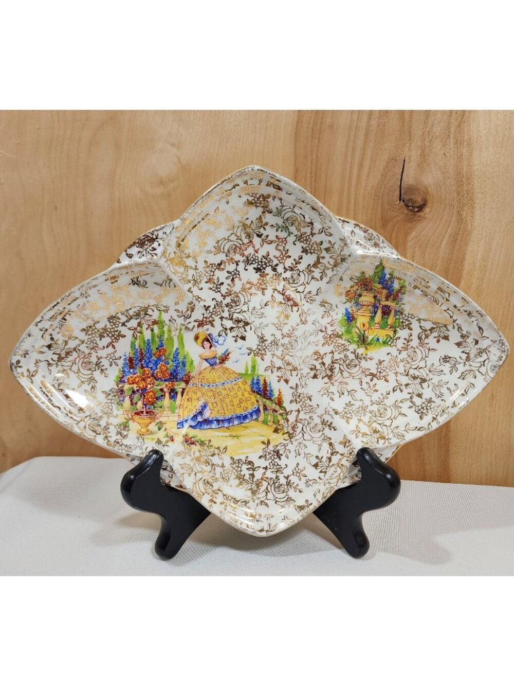 Empire Ware Crinoline Lady Dish Vintage English Gold Chintz Serving Tray 10"